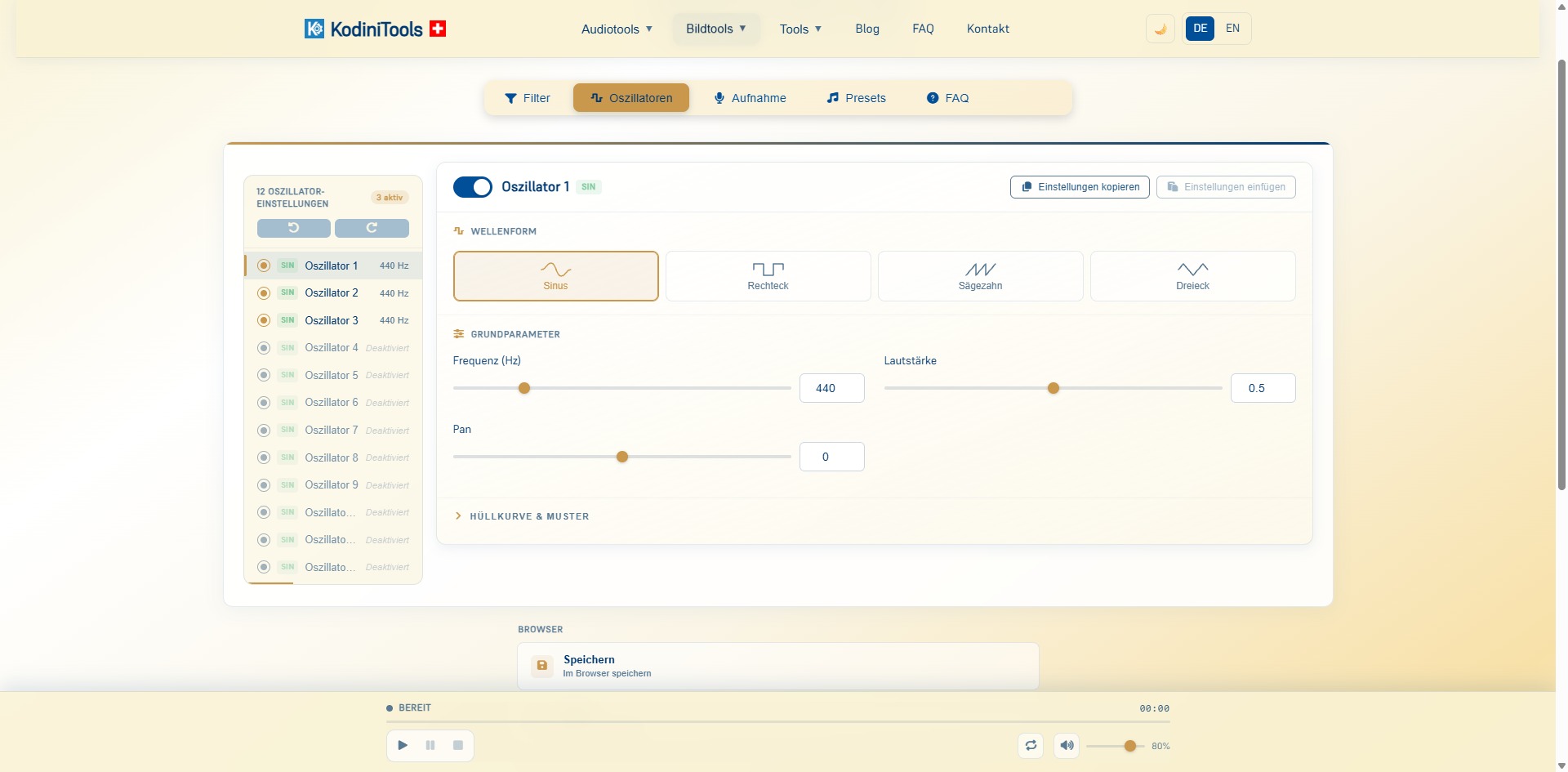 Screenshot des KodiniTools Alarmtools im Tab Oszillatoren mit Liste von 12 Oszillatoren, Wellenform-Auswahl Sinus, Rechteck, Sägezahn und Dreieck sowie Reglern für Frequenz, Lautstärke und Pan