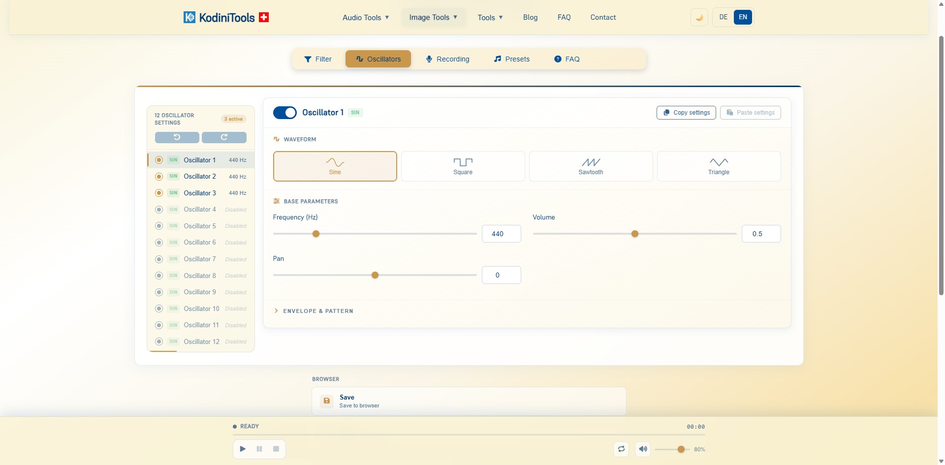 Screenshot of the KodiniTools Alarm Tool in the Oscillators tab with a list of 12 oscillators, waveform selection sine, square, sawtooth and triangle, and sliders for frequency, volume and pan