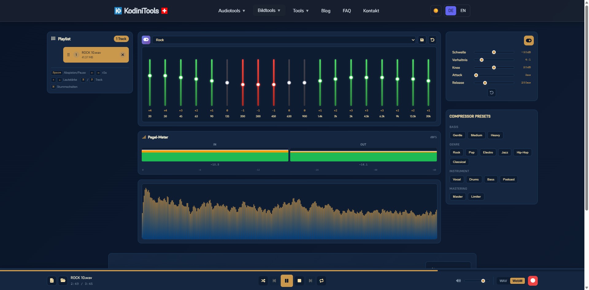 Screenshot des KodiniTools 19-Band EQ Pro mit Frequenzreglern, Pegelmeter, Spektrumanzeige, Kompressor-Einstellungen und Preset-Auswahl