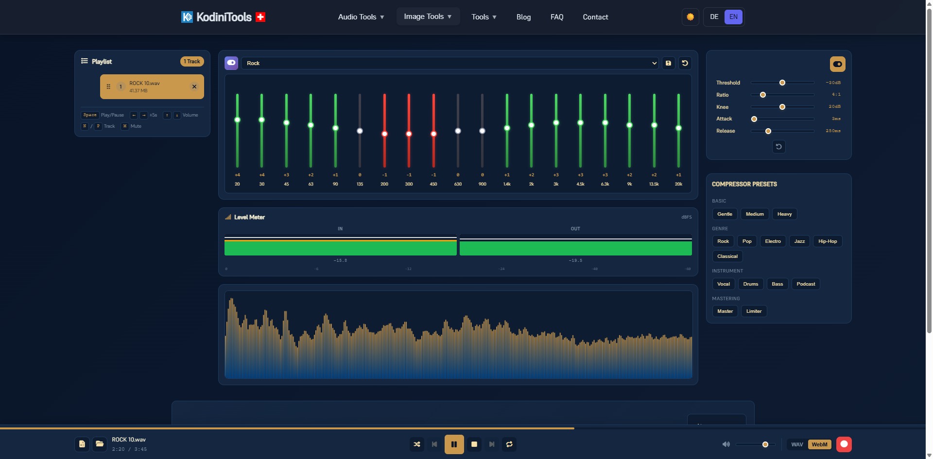 Screenshot of the KodiniTools 19-Band EQ Pro with frequency sliders, level meter, spectrum display, compressor settings and preset selection