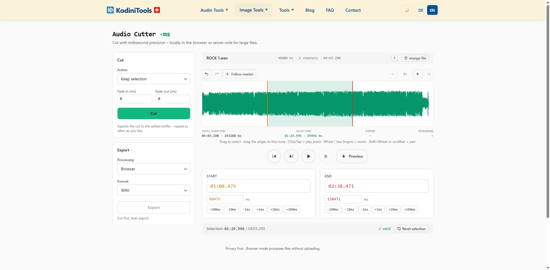 Screenshot of the KodiniTools Audio Cutter with waveform, highlighted selection, start and end fields with millisecond buttons, and cut and export settings