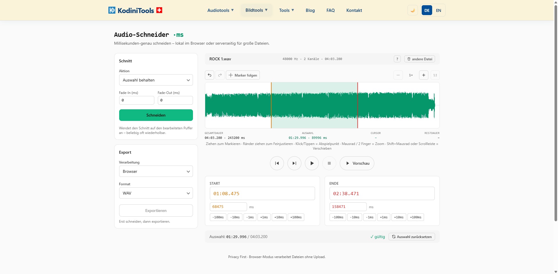 Screenshot des KodiniTools Audio-Schneiders mit Wellenform, markierter Auswahl, Start- und Ende-Feldern mit Millisekunden-Tasten sowie Schnitt- und Export-Einstellungen