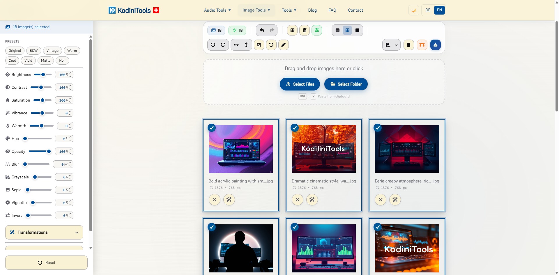 Screenshot of the KodiniTools Batch Image Editor with 18 selected images, presets, and adjustment sliders