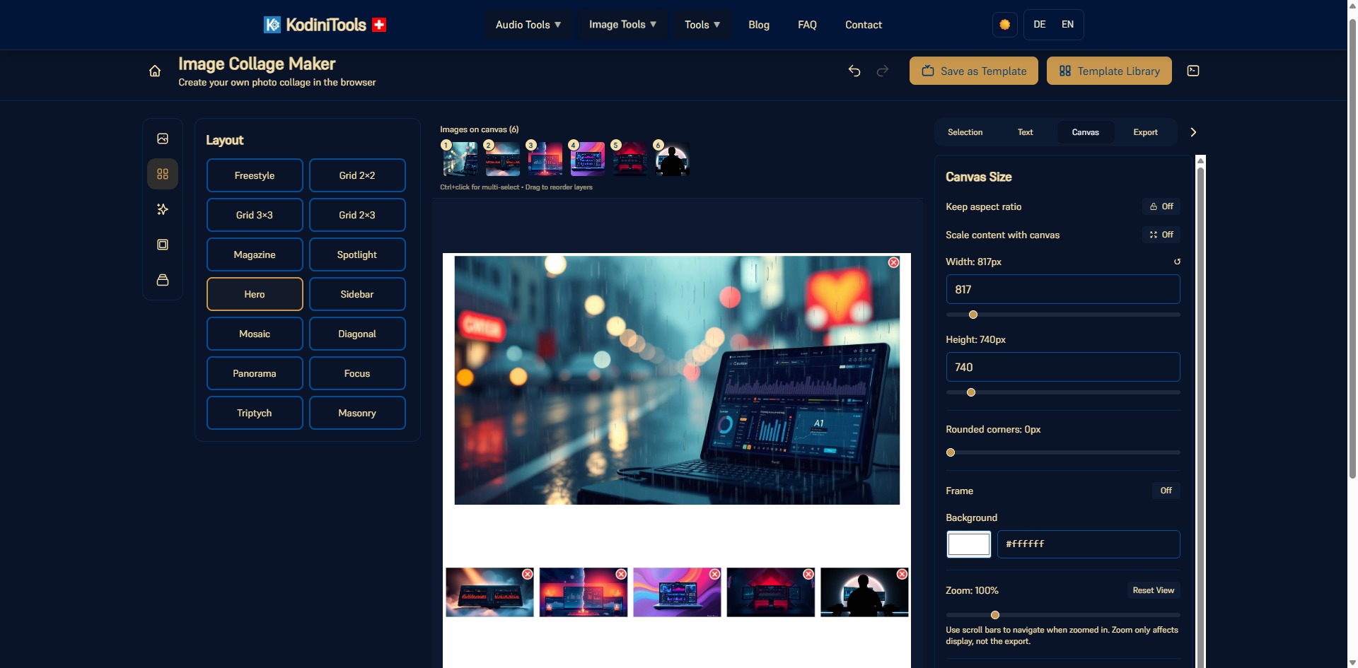 Screenshot of the KodiniTools Collage Maker with the Hero layout, six inserted images, and canvas size settings
