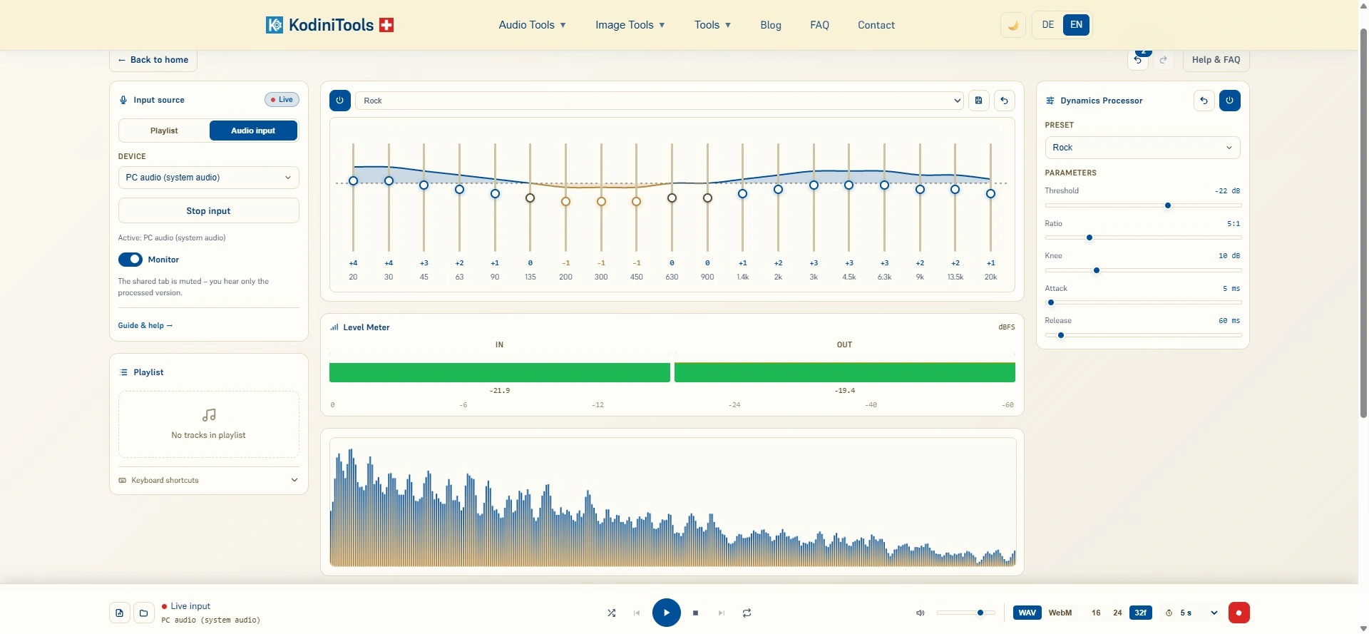 Screenshot of the KodiniTools 19-Band EQ Pro during a live recording: the Input source card on the left with the active audio input “PC audio (system audio)” and monitoring switched on, the equalizer with the Rock preset, level meter and spectrum in the center, the Dynamics Processor on the right, and the player bar at the bottom with live input, WAV/WebM format toggle, 16/24/32f bit depth, 5 s start delay and the red record button