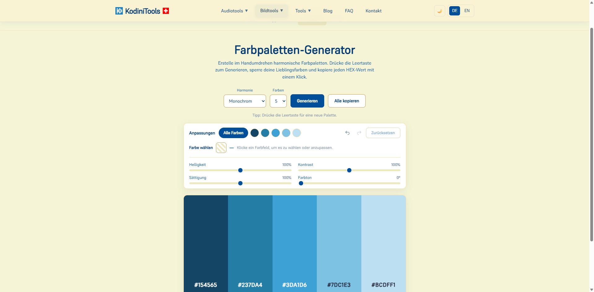 Screenshot des Farbpaletten-Generators mit Harmonie-Auswahl Monochrom, fünf Blautönen als Farbfelder mit HEX-Werten und Reglern für Helligkeit, Kontrast, Sättigung und Farbton