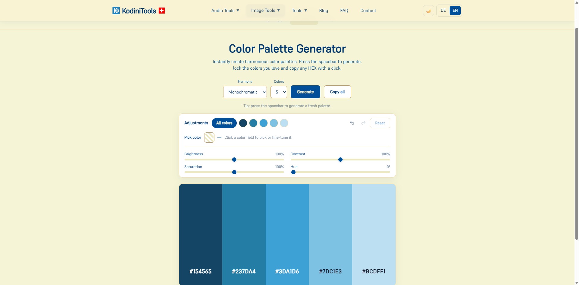Screenshot of the Color Palette Generator with harmony set to monochromatic, five shades of blue as color fields with HEX values, and sliders for brightness, contrast, saturation and hue