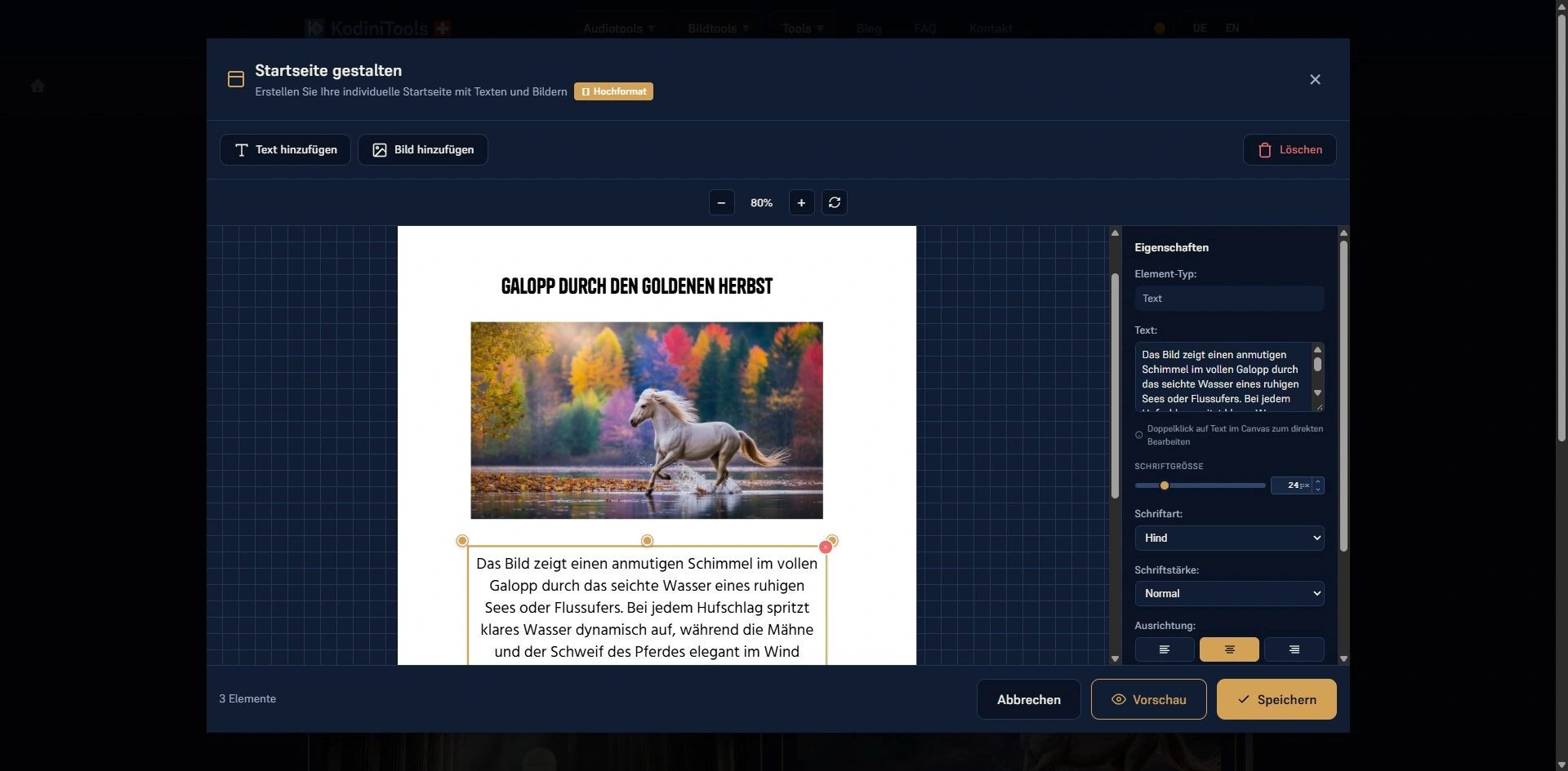 Screenshot des PDF-Designers „Startseite gestalten“ in der KodiniTools Stapelbearbeitung: in der Mitte eine A4-Seite im Hochformat mit der Überschrift „Galopp durch den goldenen Herbst“, einem Foto eines Schimmels im Wasser vor buntem Herbstwald und einem markierten Textblock, rechts die Eigenschaften mit Schriftgrösse, Schriftart Hind, Schriftstärke und Ausrichtung