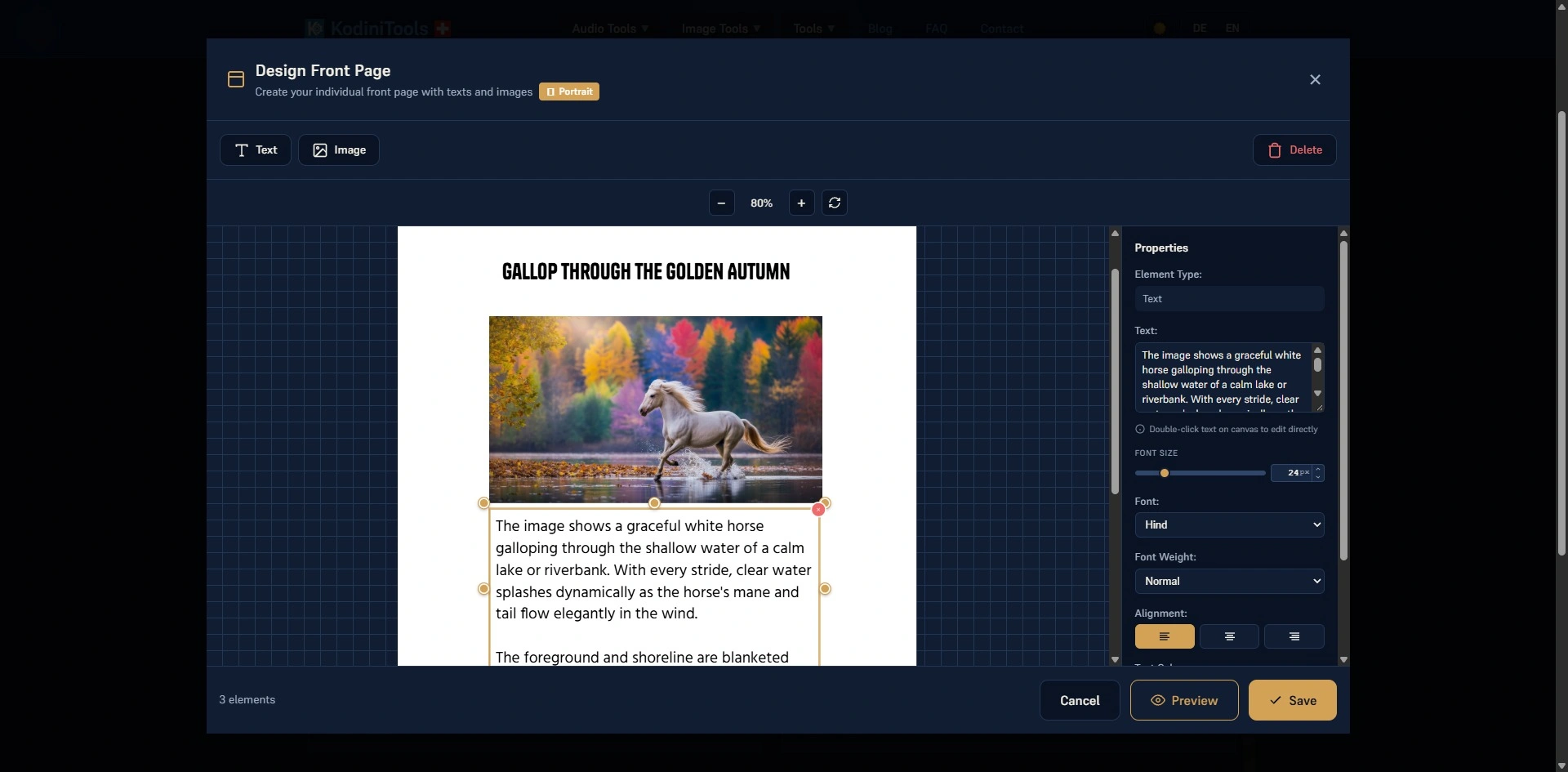 Screenshot of the “Design Front Page” PDF designer in the KodiniTools batch editor: in the middle an A4 portrait page with the heading “Gallop through the golden autumn”, a photo of a white horse in the water in front of a colorful autumn forest and a selected text block, on the right the properties with font size, font Hind, font weight and alignment
