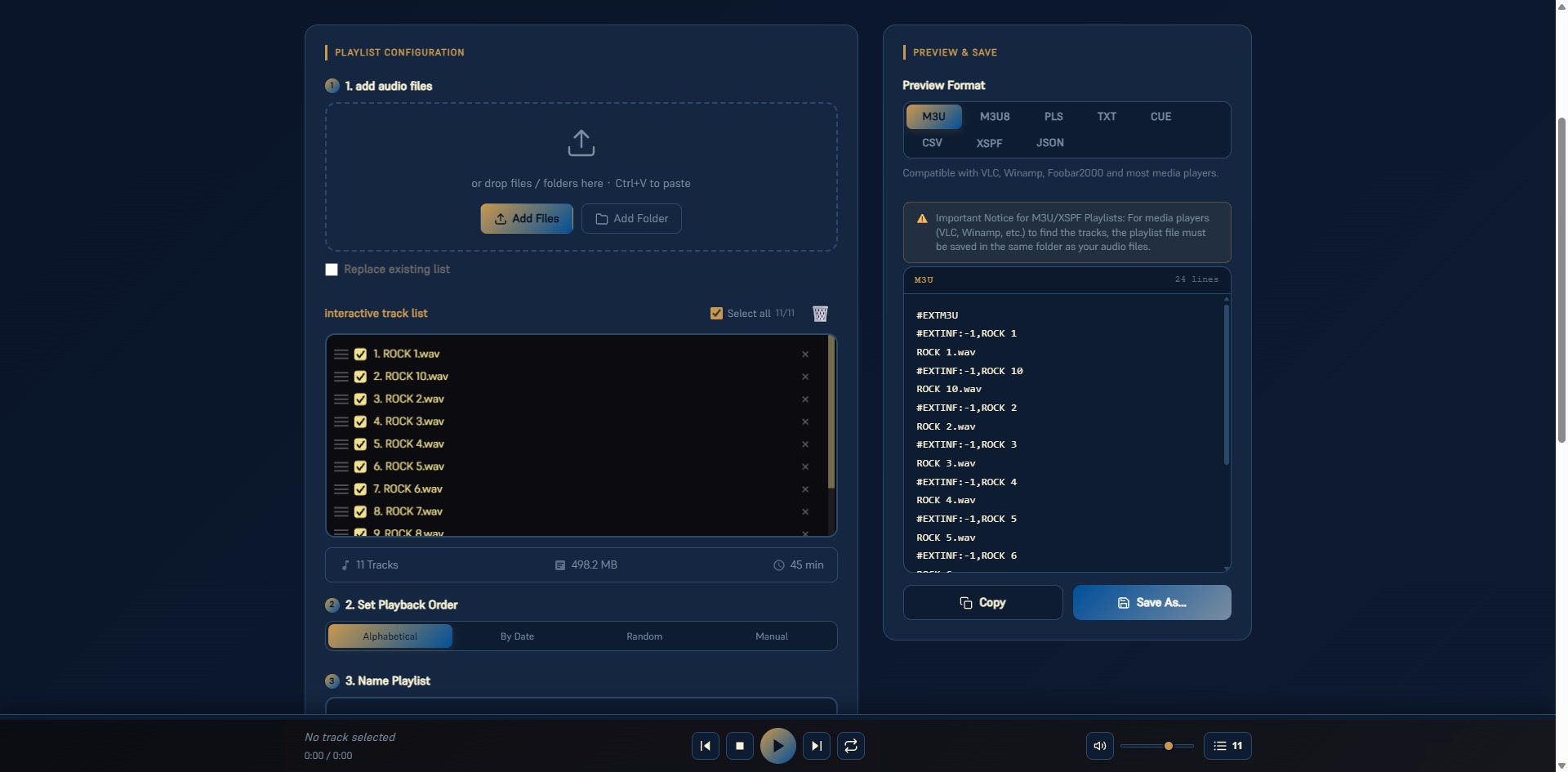 Screenshot of the KodiniTools Audio Playlist Generator with interactive track list, playback order selection and M3U preview