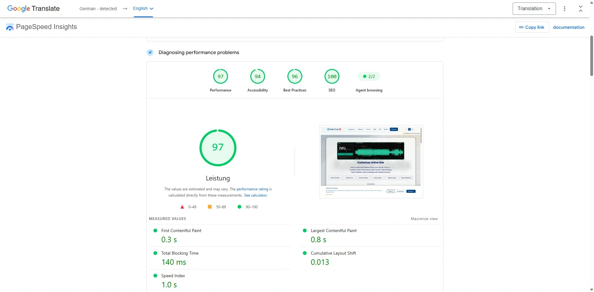 Google PageSpeed Insights, desktop view: kodinitools.com scores 97 for performance, 94 for accessibility, 96 for best practices and 100 for SEO; First Contentful Paint 0.3 s, Largest Contentful Paint 0.8 s