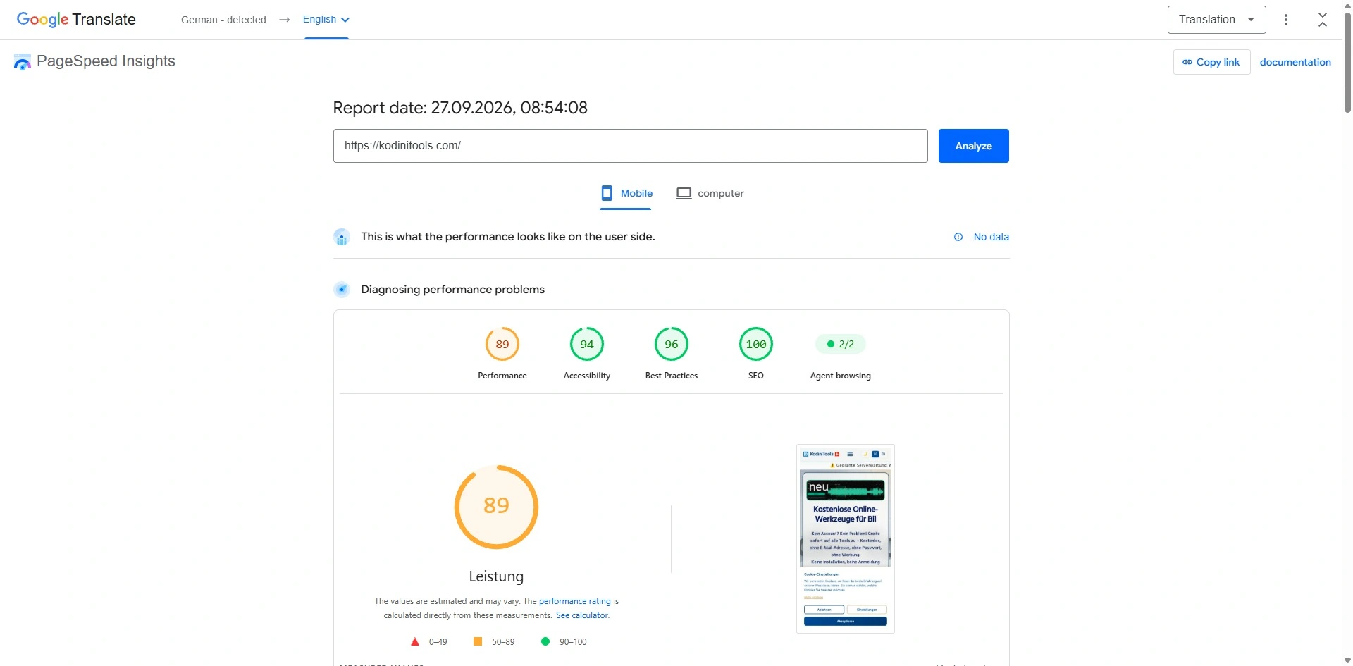 Google PageSpeed Insights, mobile view: kodinitools.com scores 89 for performance, 94 for accessibility, 96 for best practices and 100 for SEO