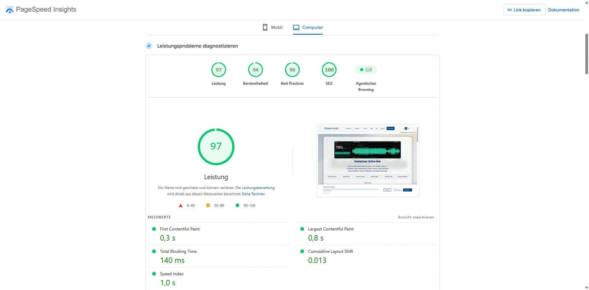 Google PageSpeed Insights, Ansicht Computer: kodinitools.com erreicht 97 Punkte Leistung, 94 Barrierefreiheit, 96 Best Practices und 100 SEO; First Contentful Paint 0,3 s, Largest Contentful Paint 0,8 s
