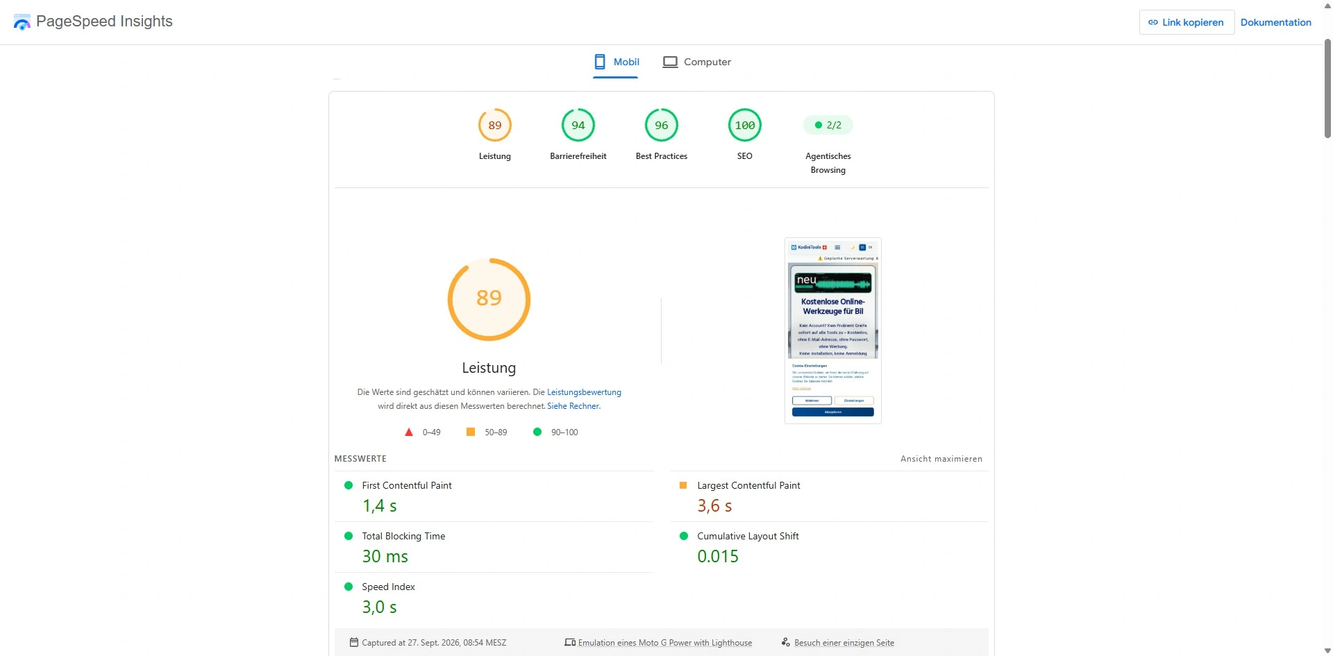 Google PageSpeed Insights, Ansicht Mobil: kodinitools.com erreicht 89 Punkte Leistung, 94 Barrierefreiheit, 96 Best Practices und 100 SEO