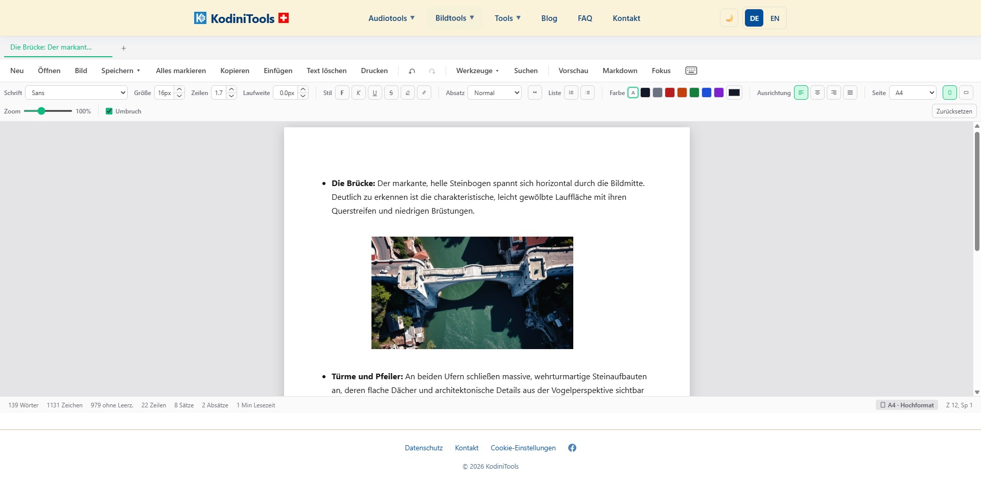Screenshot des KodiniTools Texteditors mit Formatierungsleiste, Dokument-Tabs, eingefügtem Bild und Statusleiste mit Wortzähler