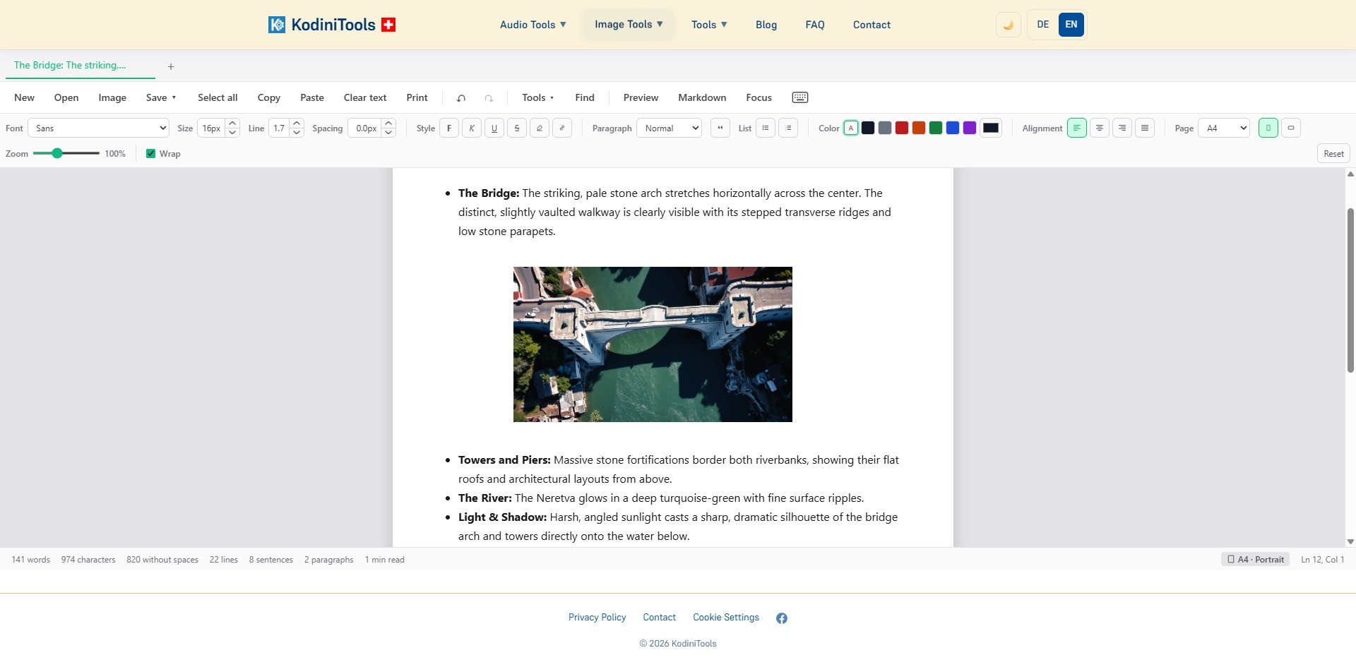 Screenshot of the KodiniTools Text Editor with formatting toolbar, document tabs, an inserted image and a status bar with word count
