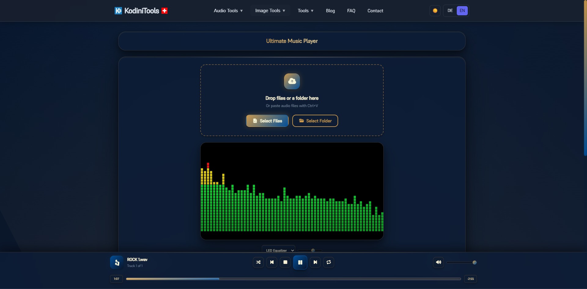 Screenshot of the KodiniTools Ultimate Music Player with a drop zone for files and folders, LED equalizer visualizer in green and yellow, and a player bar with shuffle, stop, pause, repeat and volume
