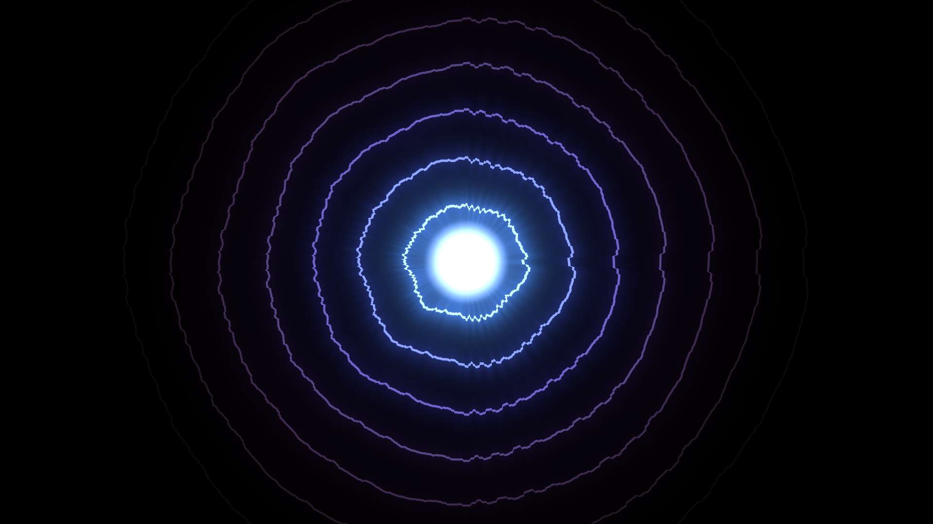 Audio visualizer effect with concentric jagged rings in blue and violet around a brightly glowing white core