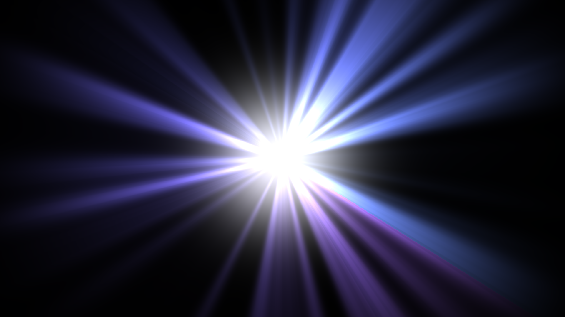 Audio visualizer Light Rays effect: bright volumetric rays in white, blue and violet shooting out from a glowing centre in all directions
