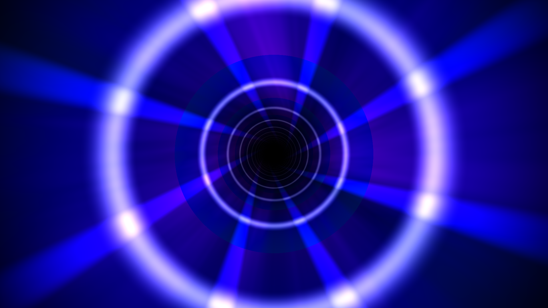 Audio visualizer tunnel effect: concentric glowing rings and radial blue light beams leading into a dark centre