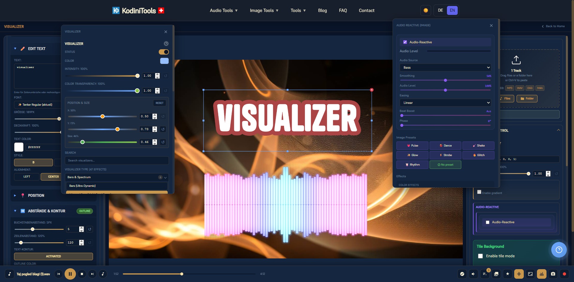 Screenshot of the KodiniTools Audio Visualizer with a bar spectrum animation, text styling, and audio-reactive settings
