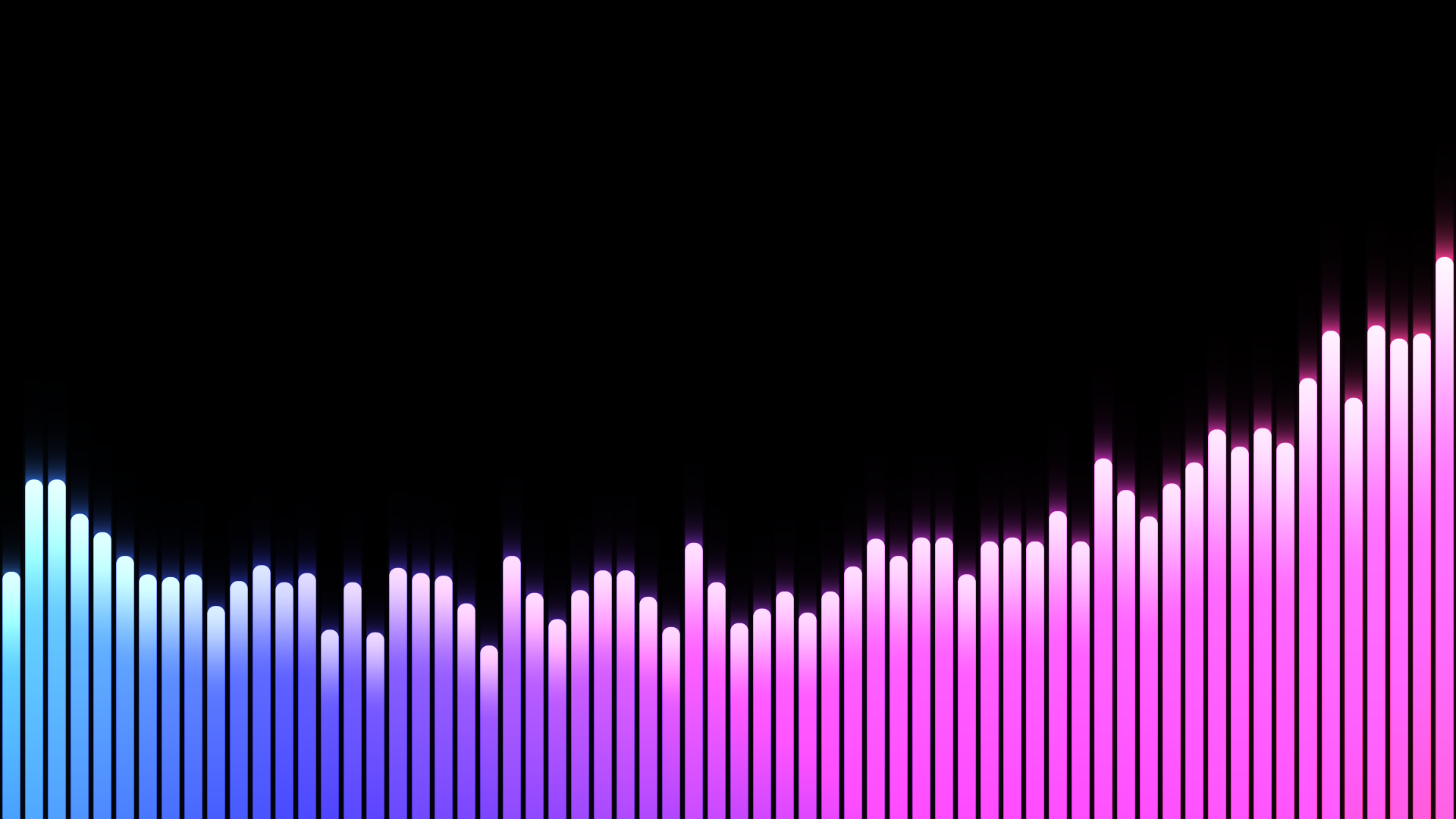 Audio visualizer Bars effect: spectrum bars with rounded caps and glow, colour gradient from cyan through blue to pink on a black background