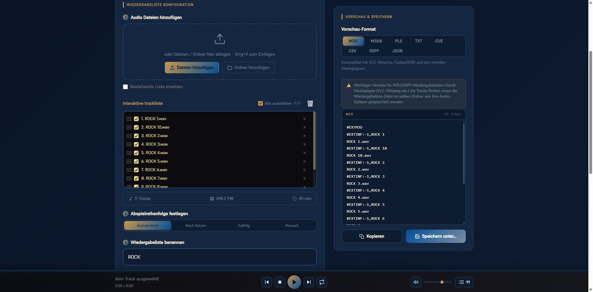 Screenshot des KodiniTools Wiedergabeliste Generators mit interaktiver Trackliste, Auswahl der Abspielreihenfolge und M3U-Vorschau